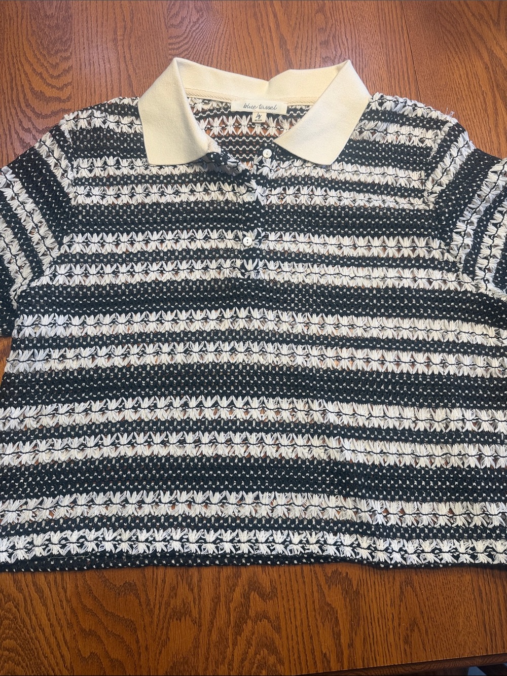 Textured Black & White Striped Polo with Cream Collar